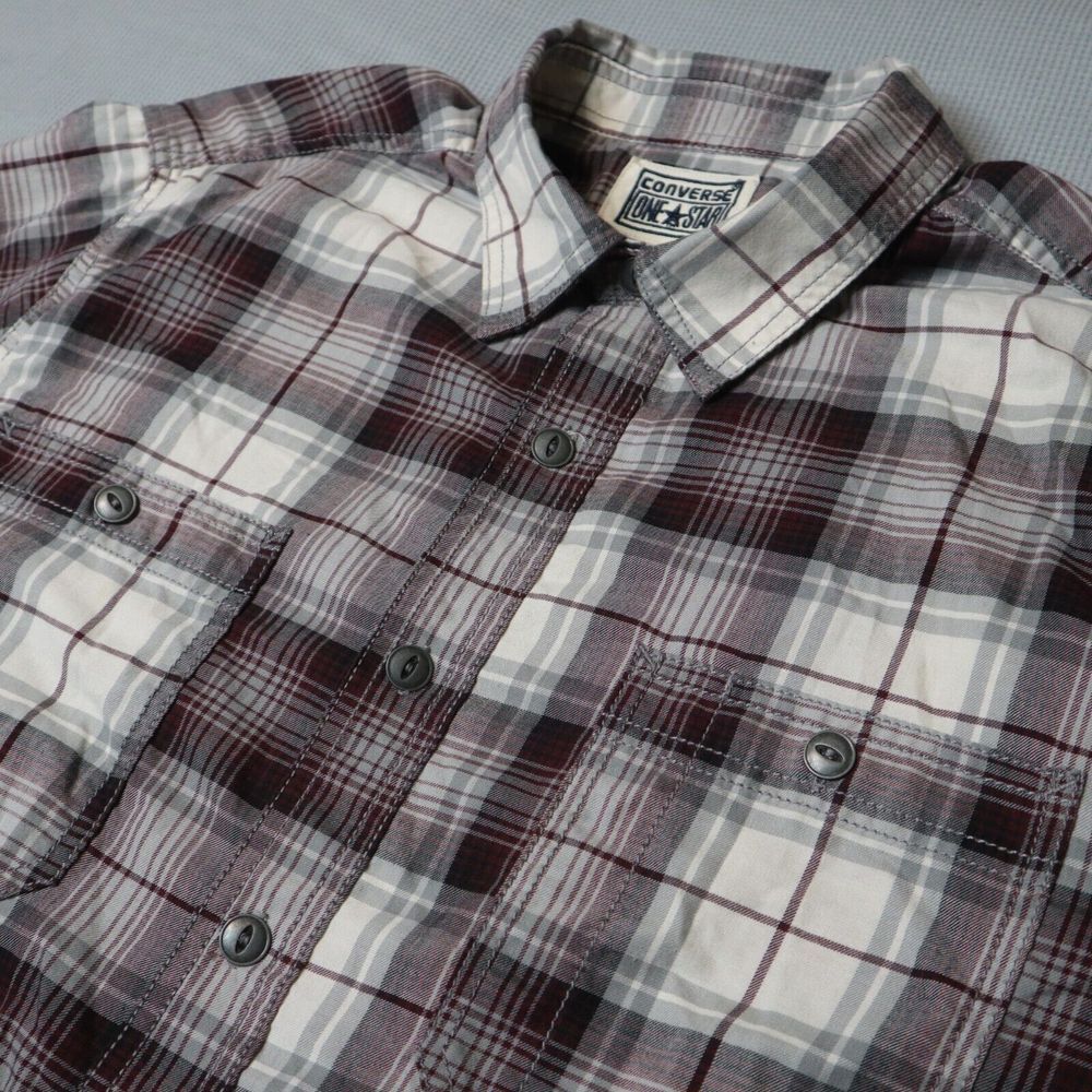 Converse One Star Button Shirt Mens Medium Burgundy Red White Plaid Check Skate
